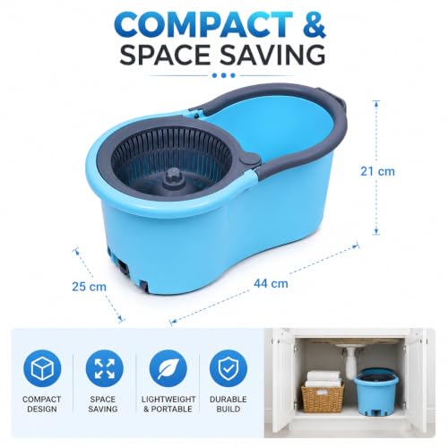 Image of Spin Mop Bucket Set with Adjustable Stainless Steel Handle and 2 Microfiber Refills - Plastic Wringer Basket with Wheels, 360 Degree Rotating Head Floor Cleaning System for Home and Kitchen (Blue)
