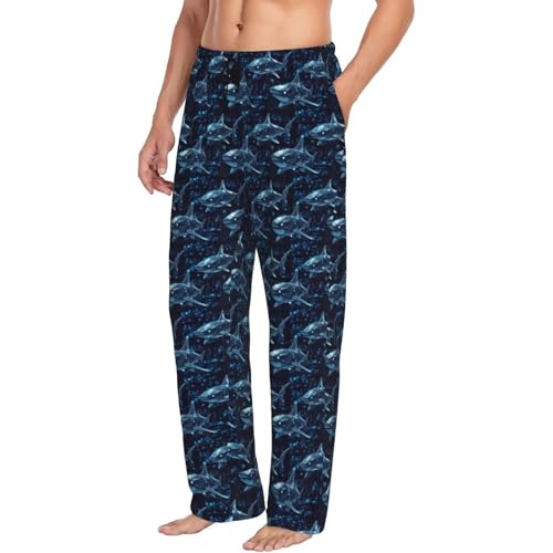 Mens Pajama Pants - Cyber ​​cool Shark Print Soft Sleep Lounge Pants For Men, Casual Pj Bottoms With Pockets