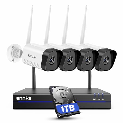 ANNKE Kit Videosorveglianza WiFi, 4K/8MP NVR 16CH 1TB e 4x 3MP Telecamere Esterne Wireless, Rlevamento Movimento Alarm, Audio Bidirezionale, Visione Notturna IR 100ft, Registrazione 24/7, IP66