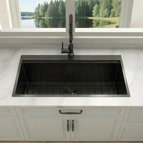 Image of 33 inch X 22 inch Drop In Kitchen Sink,16 Gauge Stainless Steel Black Kitchen Sink,Single Bowl Top Mount Workstation Kitchen Sinks (Black, 33 X 22 inch)
