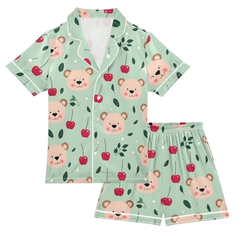 ALAZA Bear Cherry Leaf Satin Pajamas Set Short Sleeve Button Down Sleepwear Summer Pjs 2 Piece