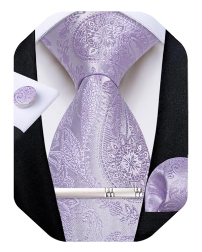 Image of DiBanGu Paisley Ties for Men Silk Necktie and Pocket Square Cufflinks Tie Clip Set Woven Classic Mens Tie for Wedding Party