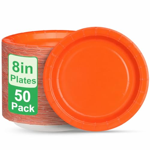 Clystrant 50 Pcs Orange Paper Plates, 8 Inch Heavy-Duty Disposable Plates Dinner Dessert Cake Plates for Graduation, Wedding, Baby Shower & Birthday Party