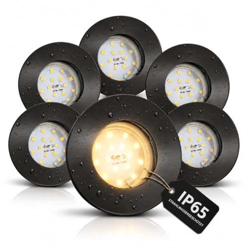 Trango 6er Set IP65 LED Einbaustrahler Anthrazit Matt 6729IP65-061MO inkl. 6x 5W LED Modul – 3000K Warmweiß – ultra flach 23 mm – direkt 230V – Bad Einbauspots für Dusche & Feuchträume