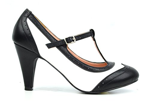 Chase & Chloe Kimmy-51 Women's Two Tone T-Strap Pump (6, Black/White) #TOP29