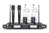 Pyle 4 Channel UHF Wireless Microphone System with 2 Handheld Mics, 2 Lavalier 2 Headsets & Beltpack Transmitters, 300ft Range, Rack Mount Receiver for Church, Meetings, DJ & PA Systems