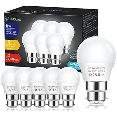 6W LED Bulb Bayonet Cool White, Jandcase B22 Golf Ball Bulbs Bayonet, 60W Bayonet Light Bulbs Equivalent, 600LM B22 Light Bulb, 6000K Lightbulbs Bayonette, Non-Dimmable, 6X Energy Saving Light Bulbs Cover