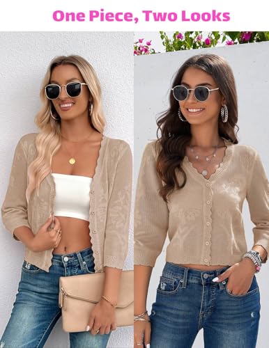 Image of Women Crop Cardigan Sweaters Lightweight 3 /4 Sleeve Button Up Crochet Shrug | Textured Bolero For Dresses Dressy Casual, V Neck, Ladies Eyelet Shawl Thin Trendy