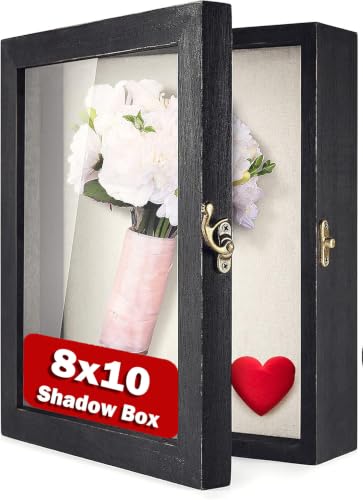 Image of TJ.MOREE Shadow Box 8x10 Memory Display Case Wooden Picture Frame Black | Fits 7x9 Inserts with Linen Back, Rustic Keepsake Box with Glass for Pet Memorabilia Gifts, Wedding Bouquet, Military Medals
