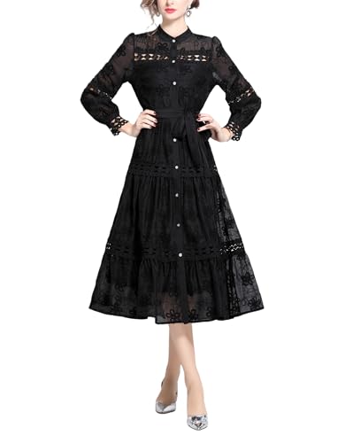 Women's Lace Hollow Out Dress Party Long Sleeves Embroidery Floral