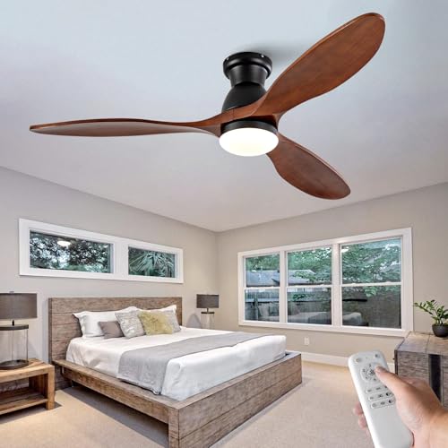 Image of Dimmable 52 Inch Flush Mount Ceiling Fans with Lights and Remote, 3 Blade Wood Bedroom Ceiling Fan with Lights Low Profile Ceiling Fan with Light Black Outdoor Ceiling Fans for Patios Living Room