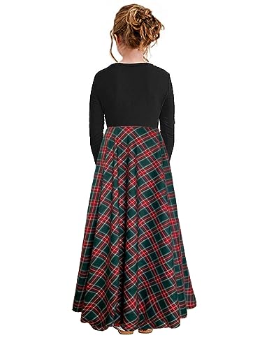 Image of KYMIDY Girl Maxi Dress Kids Casual Buffalo Check Plaid Long Sleeve Dresses with Pockets(6-14yrs)