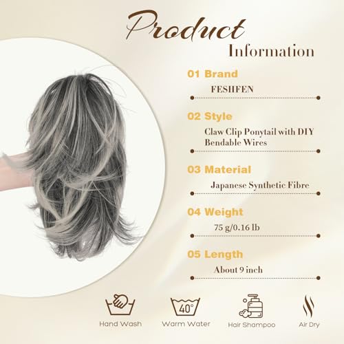 FESHFEN Claw Clip Short Ponytail Extensions - DIY Bendable Metals Fluffy Messy Bun Hair Piece Straight Synthetic Hairpieces Ponytail Extension for Women, Black Gray and White Tips