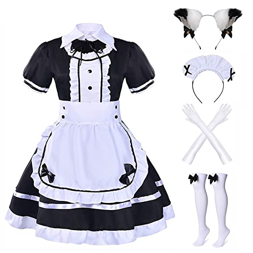 Harsever Womens Maid Dress Cosplay Set Maid Costume Anime Cosplay Costume French Fancy Dress with Gloves Socks Headwear Halloween Costumes for Fancy Dress (L)