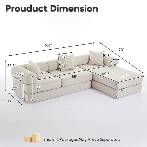 Image of 107 inch Modular Sectional Sofa Bed, L-Shape Corduroy Boneless Couch, Beige