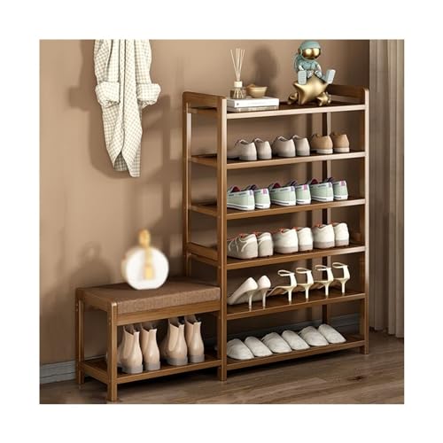 RENEESME Shoe Rack Shoe Rack with Bench, Entryway Bamboo Shoe Bench, Organizer Rack with Storage Shelves and Seat Cushion for Entryway Hallway Shoe Organizer Rack(100x25x101CM)
