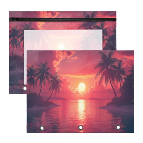 Blueangle Bolsa para lápis de palmeiras pôr do sol para fichário com 3 anéis, 2 pacotes com bolsa de lápis com janela transparente para documentos com zíper para escritório (119)