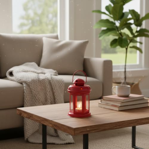 Image of Mini Metal Tea Light Lantern Set of 2 Red Candle Holder Home Decor | | Perfect for Living Room, Bedroom, Pooja Space, Festive Decor, Weddings, Housewarming & Gifting Ideal for Diwali, Wedding