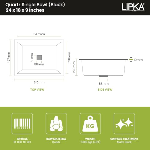 Image of LIPKA Quartz Kitchen Sink 24 x 18 x 9 Inches | Black Granite Single Bowl Sink | Quartz Sink for Modular Kitchen | Scratch & Heat Resistant | Kitchen Sink with Coupling, Waste Pipe & Vegetable Basket