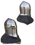 Medieval Knight Helmet with Chainmail, Steel Armor Headgear with Brass Accents and Face Guard
