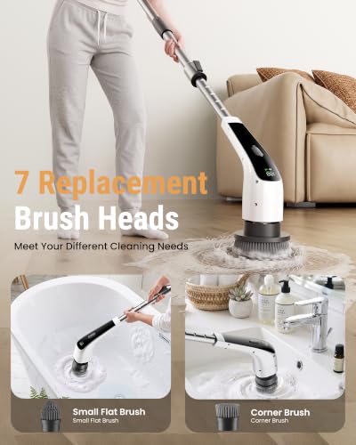 Image of Electric Spin Scrubber, 50 in-lbs High Torque Shower Scrubber & Retractable Long Handle, 10-in-1 Variable Speed Cordless Cleaning Brush for Bathroom, Bathtub, Toilet, Kitchen, Tile Floors & Car
