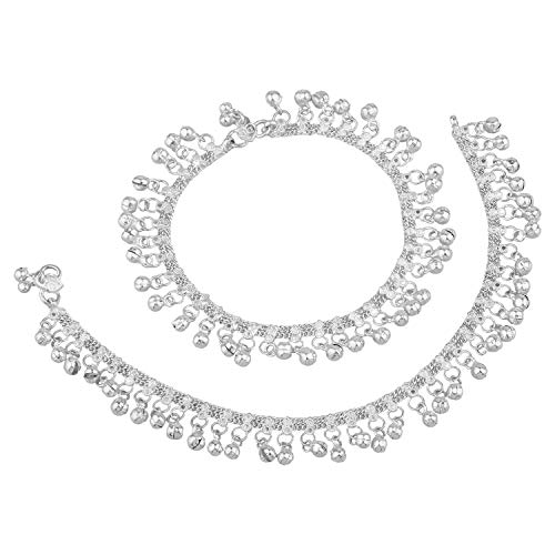 Efulgenz Indian Silver Tone Bell Charms Tassel Chain Anklet Set Bracelet Payal Foot Jewelry