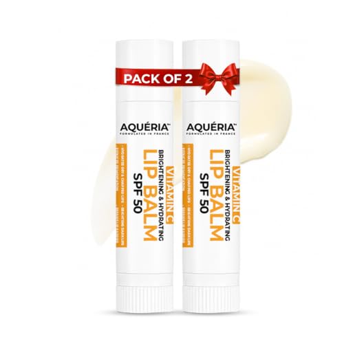 Image of Aqueria Brightening & Hydrating Lip Balm SPF 50 for Dark & Pigmented Lips | 3% Vitamin C, Kojic Acid, Ceramide Complex & Hyaluronic Acid | For Dry, Chapped Lips | Brightens, Hydrates & Helps Repair Lip Barrier | Natural & Untinted | For Men & Women | Pack of 2