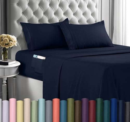 Utopia Bedding King Sheet Set, Soft Microfiber 4 Piece Hotel Luxury Bed Sheets for Women, Men, Kids & Teens with Side Storage Deep Pocket Fitted Sheet - Pillow Cases - Flat Sheet (Navy)