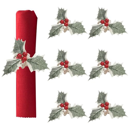 Christmas Napkin Rings Set of 6,Handmade Rustic Serviette Holly Leaves Red Berry Napkin Ring Holders for Christmas, Table Setting, Xmas Decorations (Red, 1.4inch)