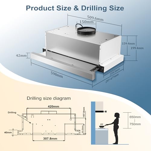 KICHPOWER Dunstabzugshaube 60cm, Flachschirmhaube Abluft/Umluft, 400 m³/h, mit 2 Aktivkohlefiltern, Teleskop 5-Schichten-Aluminiumfilter, LED-Beleuchtung, 2 Geschwindigkeit