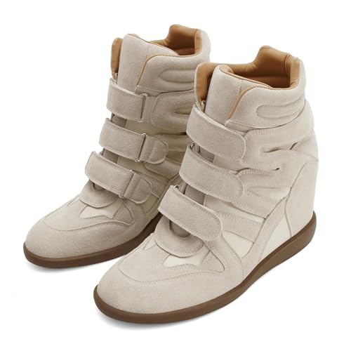 Image of Dsevht Hidden Wedge Sneakers for Women High Top Fashion Sneaker Suede High Heel Platform Tennis Triple Strappy Band Casual Vintage Dressy Comfy Campus Trendy Retro Sneaker
