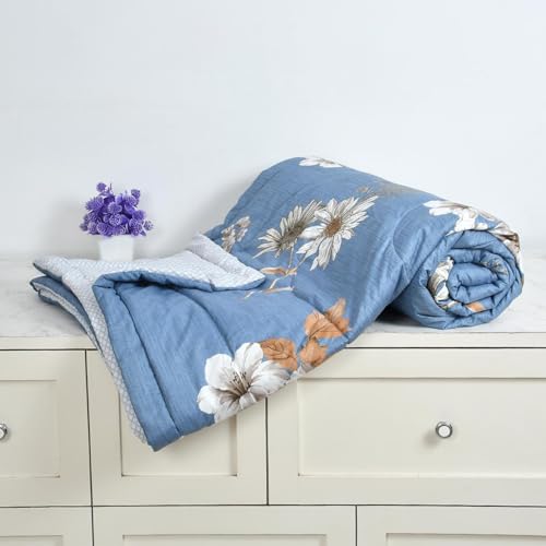 Image of Florida Dark Blue & Cream AC Comforter for Single Bed 200 GSM | Microfiber Quilt Blanket Lightweight Duvet for All Weather - 160x220 cm