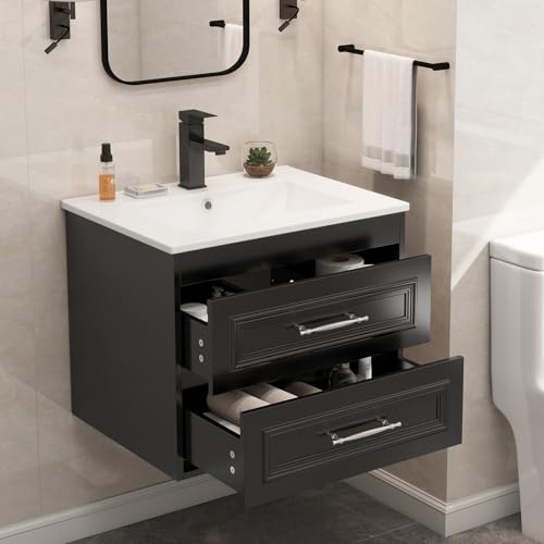 YU YUSING 60 cm Ensemble de Meuble de Salle de Bain Suspendu - Lavabo Céramique Blanc Incrusté, Robinet Noir, 2 Grands Tiroirs à Fermeture Douce, Design...