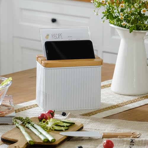 HOME PALETTE Recipe Box with Cards and Dividers Set 4x6 Recipe Holder for Kitchen Counter Metal White Vertical Stripe Pattern Embossed Recipe Card Box with Wooden Grooved Lid