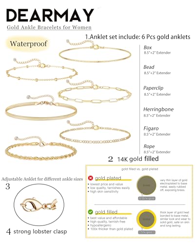 DEARMAY Gold Anklets for Women Waterproof 14K Gold Plated Ankle Bracelets for Women Trendy Layered Cuban Link Chain Herringbone Cute Anklets Summer Beach Jewelry Fashion Gift for Women Teen