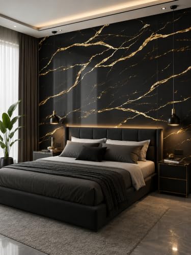 Image of Black Marble Self Adhesive Wallpaper, Gold Vein Design, Peel and Stick Vinyl Contact Paper for Kitchen Countertop, Cabinet & Wall Covering (60 x 200 cm)
