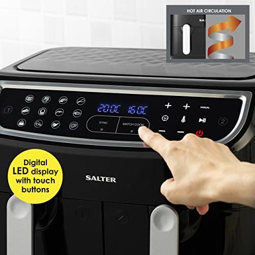 Salter EK4548 Dual Air Fryer,Double Drawer Non-Stick Cooking, Sync & Match Cook Function,2 XL Frying Trays For Independent Cooking, 8.2L,Sensor Touch Display With 12 Presets,1450-1750W,Black/Silver