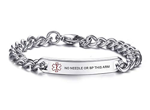 VNOX 8MM Stainless Steel NO NEEDLE OR BP THIS ARM ID Tag Medical Alert Emergency Bracelet for Unisex,8.0