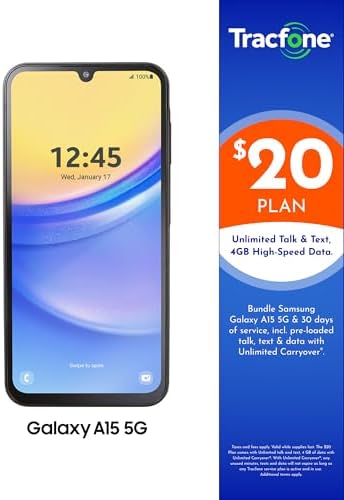 [Activation Promotion] Tracfone Samsung A15 5G Locked Prepaid Smartphone, 64GB, Black - Includes $20 Unlimited Talk, Text, & 4GB Data 30-Day Plan