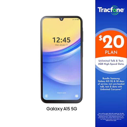Image of [Activation Promotion] Tracfone Samsung A15 5G Locked Prepaid Smartphone, 64GB, Black - Includes $20 Unlimited Talk, Text, & 4GB Data 30-Day Plan