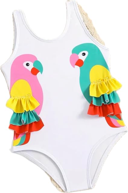 19 de enero Bañador de una Pieza para niña, Estampado de loritos Coloridos, Tejido de Calidad, Opaco y de Secado rápido, Manga con Volante (6-12 Meses)