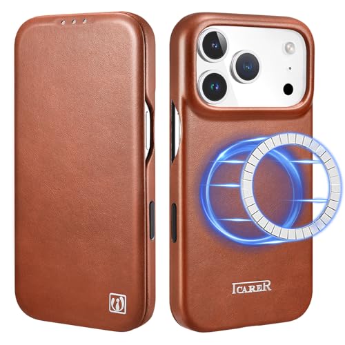 ICARER Lederhülle für iPhone 17 Pro 2025, Echte Leder Hülle Tasche Handytasche Case mit Kartensteckplatz Magnetflip Wallet Kompatibel mit Mag-Safe und Kabelloses Laden für iPhone 17 Pro 6,3-Braun