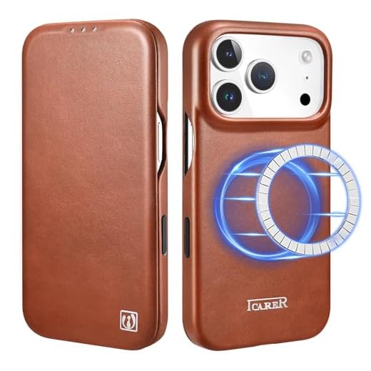 ICARER Lederhülle für iPhone 17 Pro 2025, Echte Leder Hülle Tasche Handytasche Case mit Kartensteckplatz Magnetflip Wallet Kompatibel mit Mag-Safe und Kabelloses Laden für iPhone 17 Pro 6,3-Braun