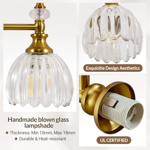 Image of ANDY STAR 1-Light Brushed Gold Bathroom Vanity Light, Transitional Sconce | Ribbed Glass & Crystal Accent, Damp-Resistant, Heat-Resistant E12 Base, Reversible Up /Down Mounting