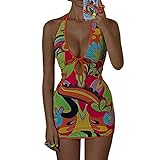 Design : sans manches, bretelles spaghetti, col en V froncé, robe dos nu, imprimé vintage années 90 pour la plage pour femmes et filles, mini jupes sans manches dos nu, col en V profond, robe vintage streetwear pour filles années 90