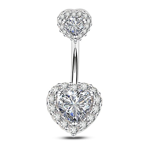 OUFER 14G Double Heart Cubic Zirconia Navel Belly Button Ring Surgical Steel Piercing Jewelry