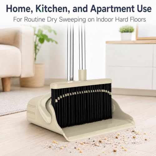 Image of Broom and Dustpan Set, 52-Inch Handle, Comb Teeth, Gray Yellow | Long handle broom set for home, kitchen, apartment andstorage