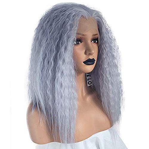 Anogol Hair Cap+Gray Light Purple Lace Front Wig Shoulder Length Loose Kinky Curly Lace Front Wig For Women