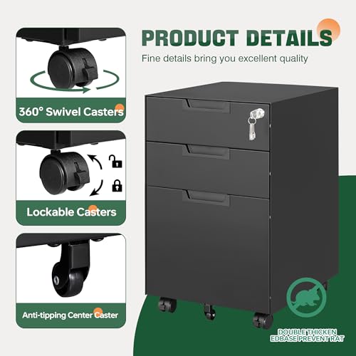 Image of Letaya 3 Drawer Mobile File Cabinet with Lock,Under Desk Metal Small Filing Cabinets for Home Office Organizer Letters /Legal /A4(Fully Assembled Except Wheels-Black)