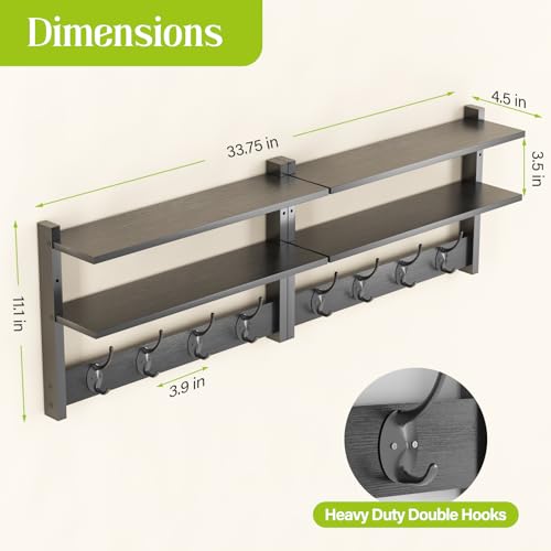 Orapoke 2 Tier Coat Rack Wall Mount with Shelf, 33" Wall Shelf with Hooks, Entryway Key Holder for Wall with 8 Heavy Duty Double Hooks, Coat Hook Wall Mounted for Bedroom, Living Room, Black - image 3